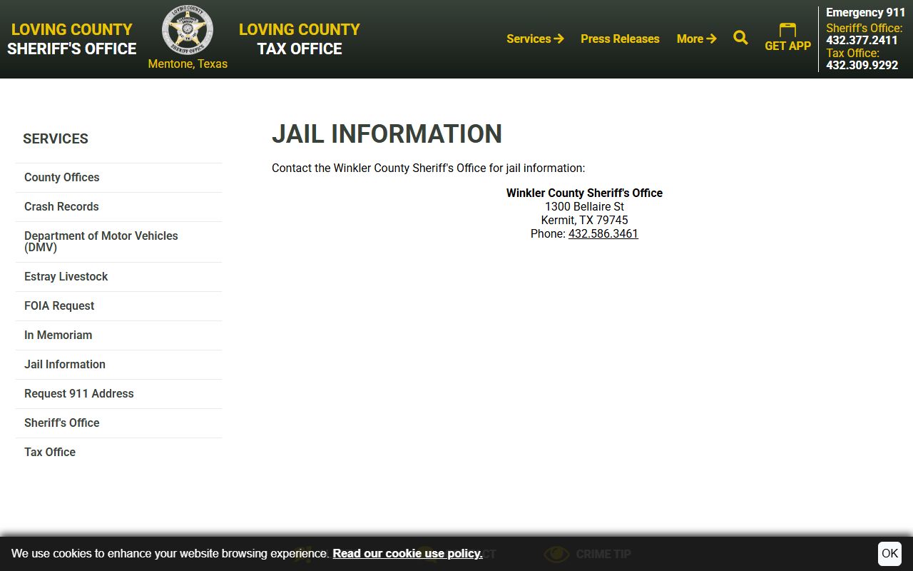 Loving County jail information routing inmates to Winkler County Jail records
