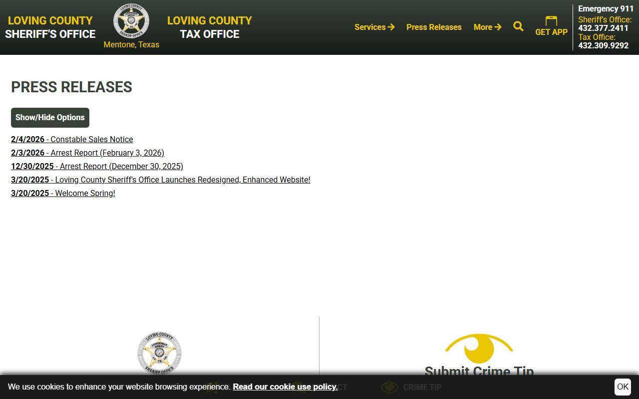 Loving County jail mugshots arrest report press release index